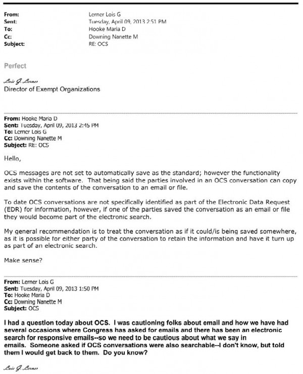 Lois Lerner April 9 2013 Email re electronic records