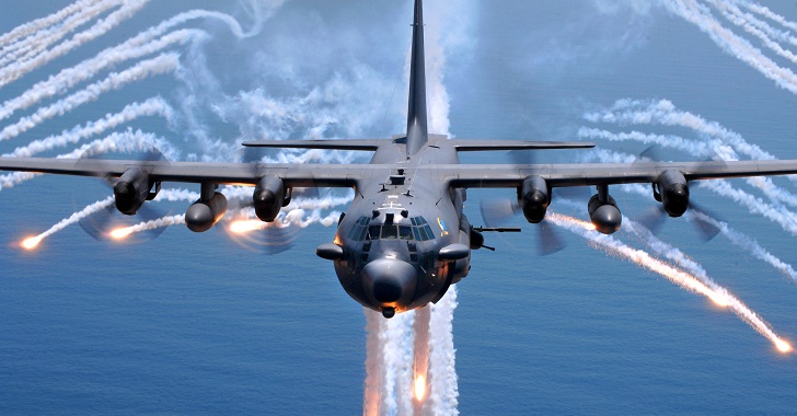 An AC-130H gunship from the 16th Special Operations Squadron, Hurlburt Field, Fla., jettisons flares as an infrared countermeasure during multi-gunship formation egress training on Aug. 24, 2007. (U.S. Air Force photo by Senior Airman Julianne Showalter) (RELEASED)