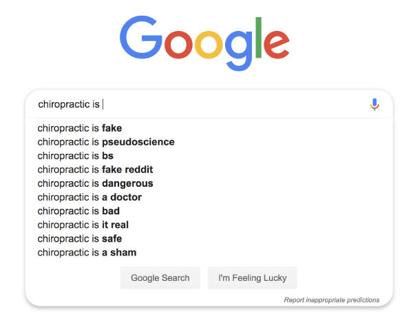 Google trends data for “chiropractic is fake” versus “chiropractic is real”: real wins.