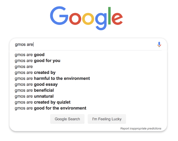 Google trends data for “gmos are good” v. “gmos are bad”: gmos are bad wins.