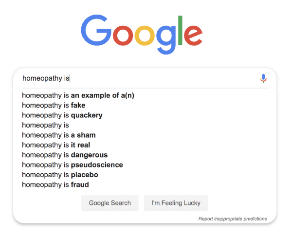 Google trends data for “homeopathy is fake”: null finding.