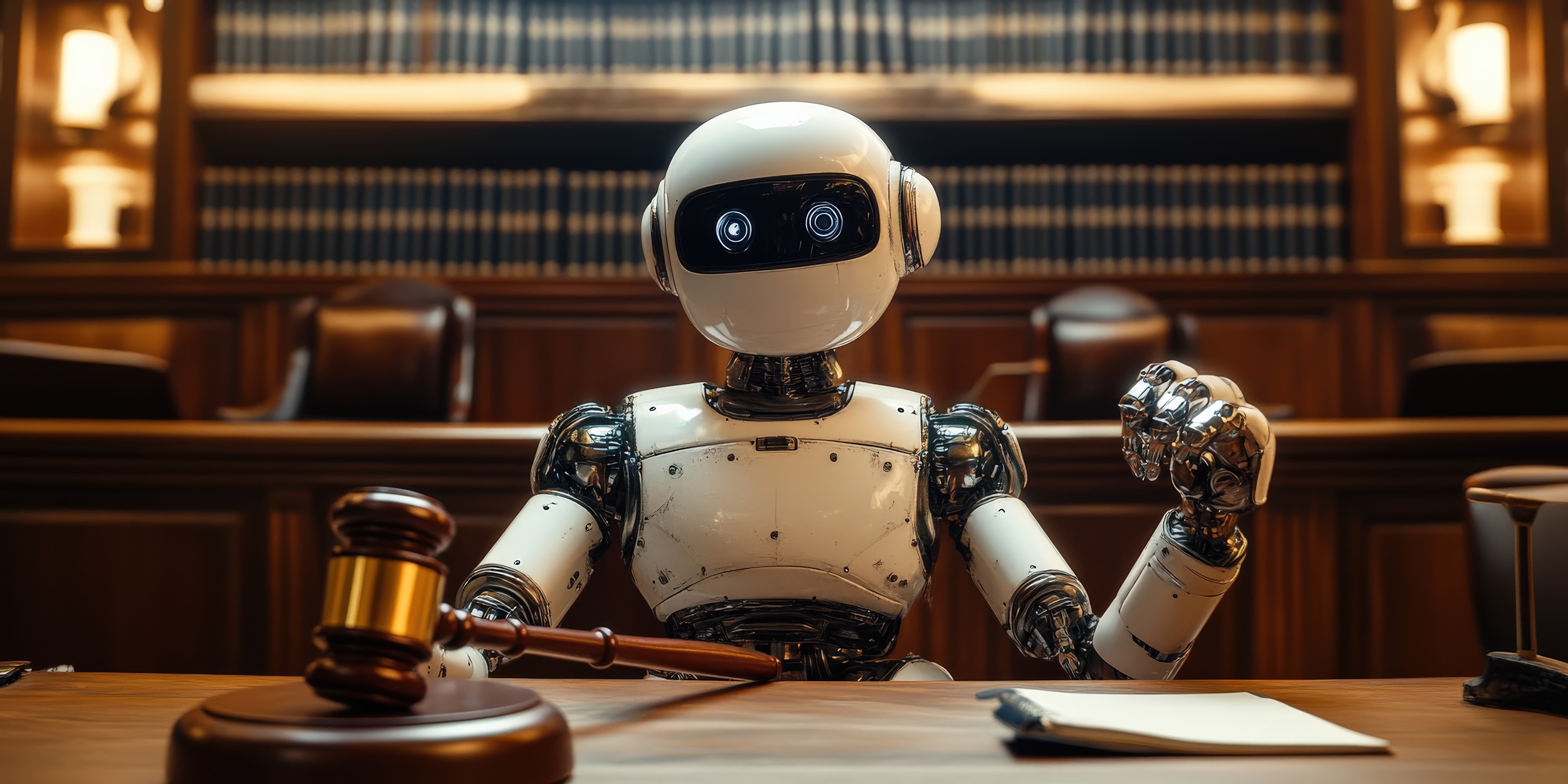 Futuristic robot judge in a courtroom holding a gavel and scales of justice Futuristic robot judge in a courtroom holding a gavel and scales of justice