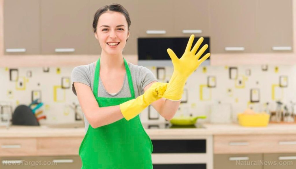 Woman-Green-Apron-Yellow-Rubber-Gloves-Clean-Kitchen