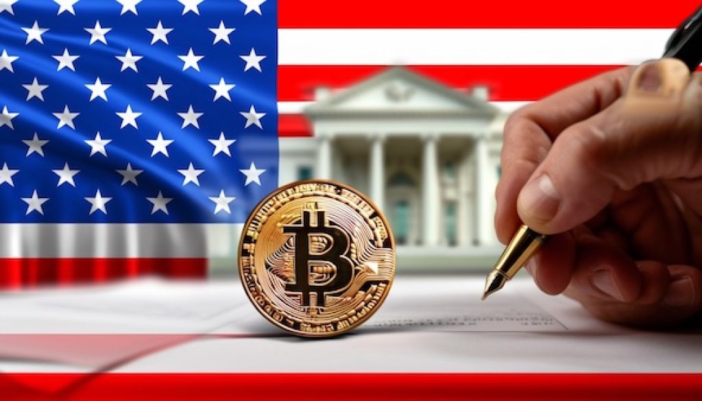 Donald,Trump,Signs,Order,Creating,Bitcoin,Reserve,,Usa,Flag,,White