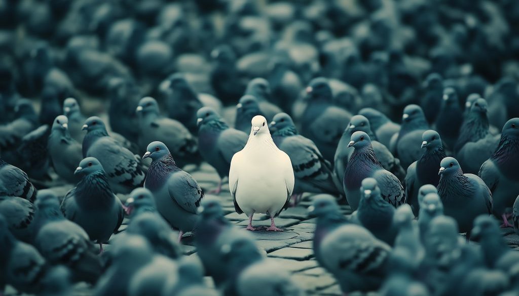 A unique white pigeon stands out amidst a flock of dark pigeons, symbolizing individuality and distinctiveness.