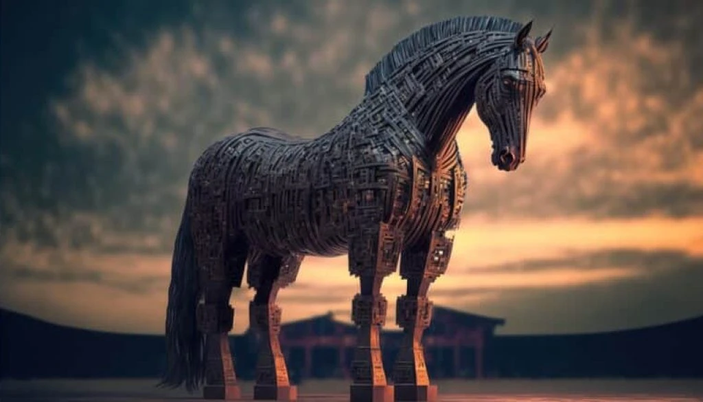 Trojan horse in the digital world, cyborg, ai, futuristic, threa