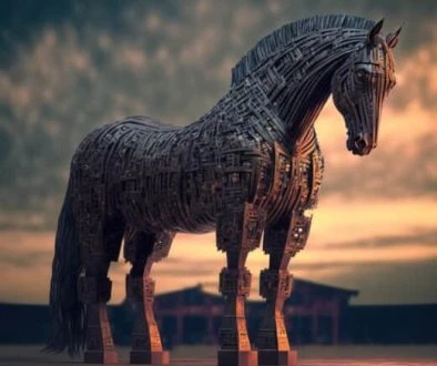 Trojan horse in the digital world, cyborg, ai, futuristic, threa