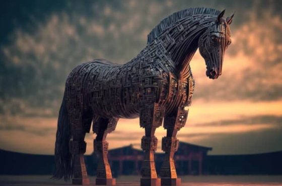 Trojan horse in the digital world, cyborg, ai, futuristic, threa
