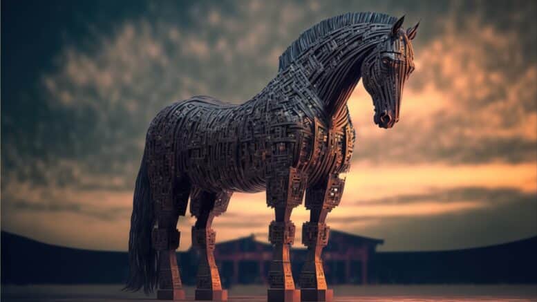 Trojan horse in the digital world, cyborg, ai, futuristic, threa