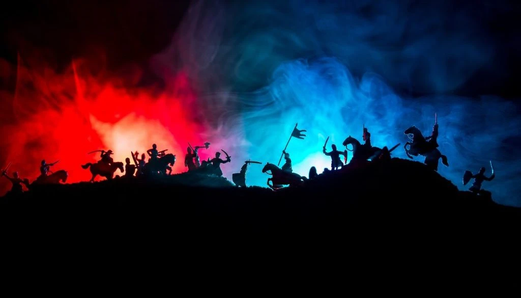 Medieval battle scene with cavalry and infantry. Silhouettes of figures as separate objects, fight between warriors on dark toned foggy background with medieval castle.