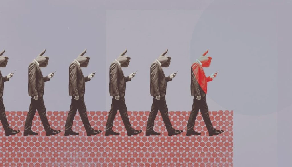 Distracted people staring at smartphone screen and walking