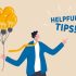 Helpful tips for business, useful ideas or smart trick to success, advice or suggestion information for improvement concept, smart businessman holding lightbulb ideas balloon telling helpful tips.