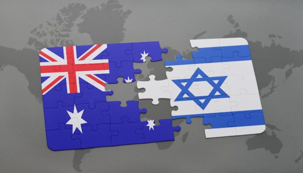 puzzle with the national flag of australia and israel on a world map background.
