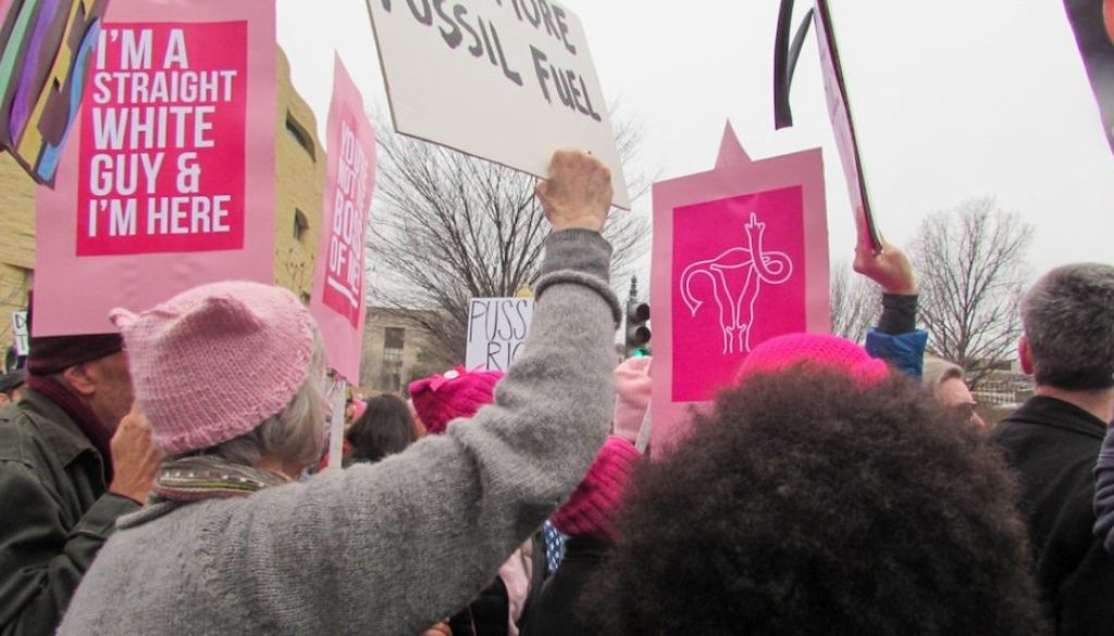 Pink hats and signs at Women's March on Washington.