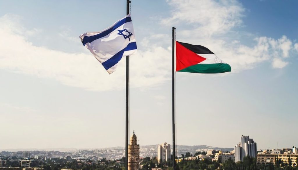 flags of Palestine and Israel against sky and old Jerusalem. Two States for two peoples. Two-state solution concept. Separate ownership of Jerusalem. division of the city between two peoples.