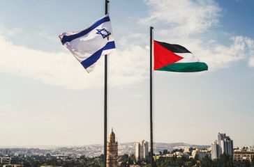 flags of Palestine and Israel against sky and old Jerusalem. Two States for two peoples. Two-state solution concept. Separate ownership of Jerusalem. division of the city between two peoples.