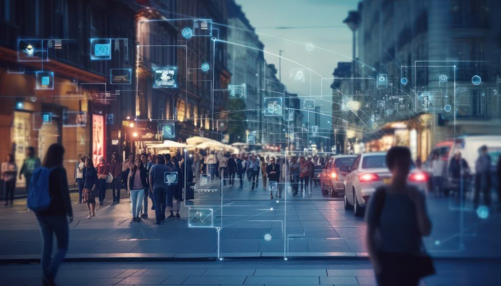 Surveillance camera of a crowd of people walking along busy city streets.
