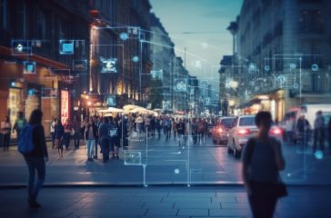 Surveillance camera of a crowd of people walking along busy city streets.