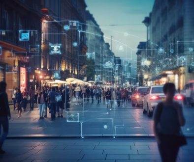 Surveillance camera of a crowd of people walking along busy city streets.