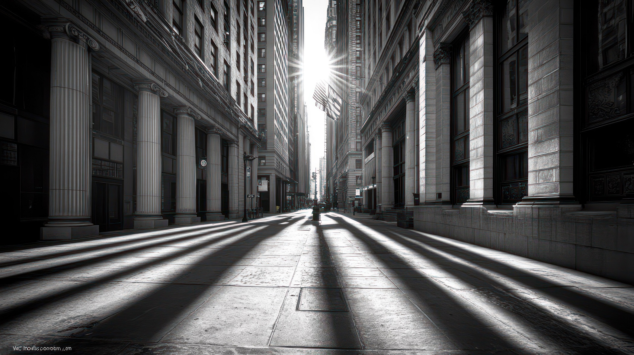 Dramatic street scene with buildings and strong sunlight creating shadows