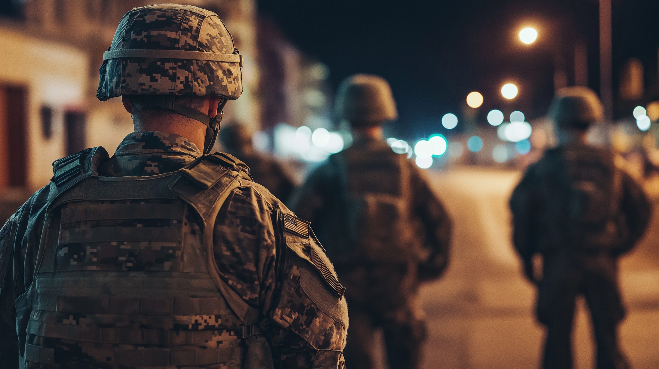 Military officer in uniform standing solemnly on deserted city street, symbolizing martial law and order in urban environment. Military officer in uniform standing solemnly on deserted city street, symbolizing martial law and order in urban environment.