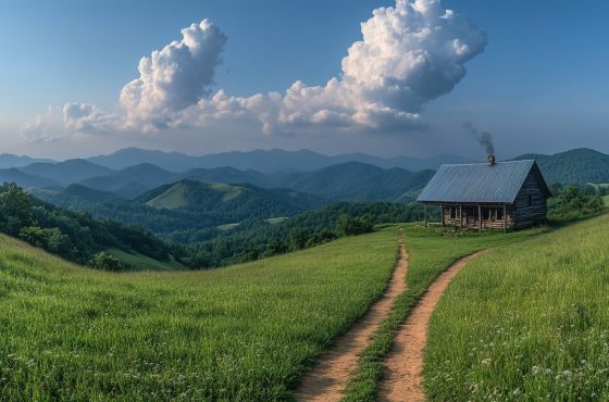 Cabin sits on a grassy hill with a path leading to it under a blue