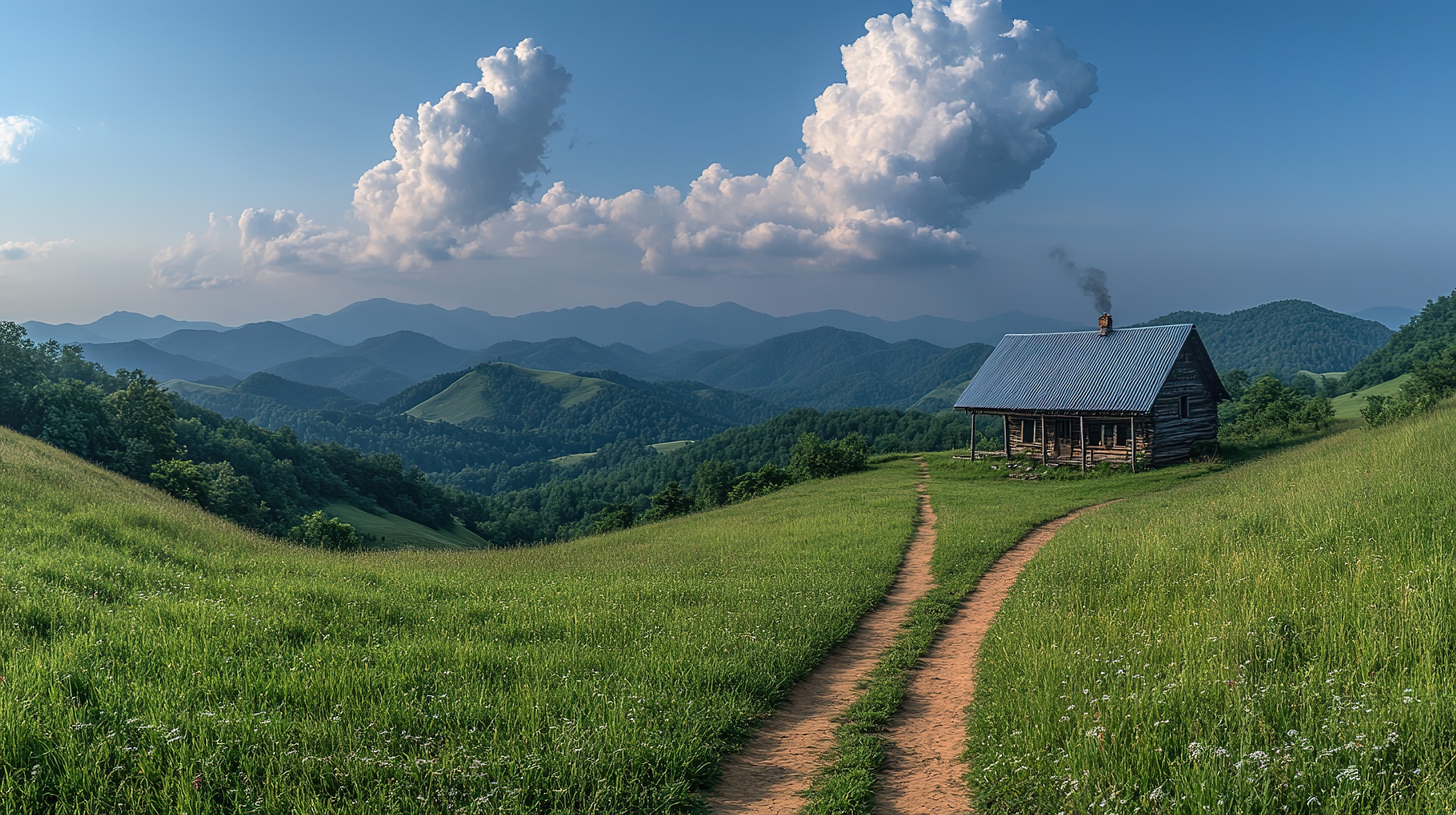 Cabin sits on a grassy hill with a path leading to it under a blue