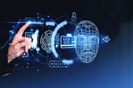 Woman,Finger,Touch,Face,Id,Hologram,With,Biometric,Verification,,Virtual