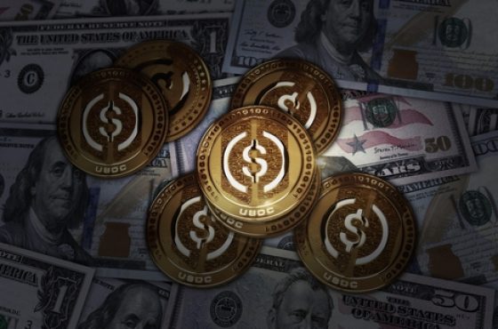 Usdc,Usd,Coin,Stablecoin,Cryptocurrency,Golden,Coin,Over,Dollar,Banknotes.