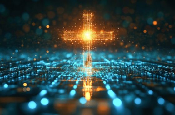 Glowing digital cross floating above futuristic cityscape
