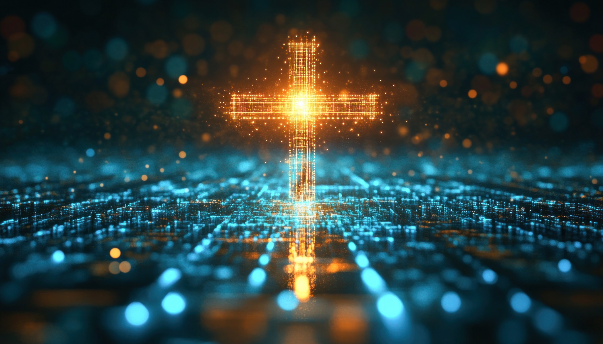 Glowing digital cross floating above futuristic cityscape Glowing digital cross floating above futuristic cityscape