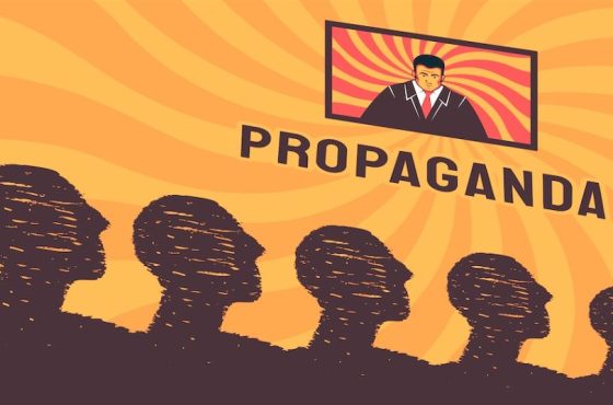 A stylized crowd of people looks at the TV screen, a symbol of propaganda in a totalitarian state. Zombification of citizens, the stupidity of the nation.