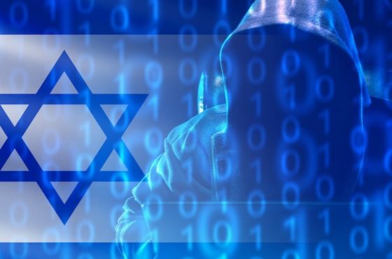 Hacker from Israel. Man in hood with laptop. Israel flag with binary code. Cybersecurity. Hacker works for Israeli government. Employee of Israeli cyber army. Hacker sits at computer. 3d image