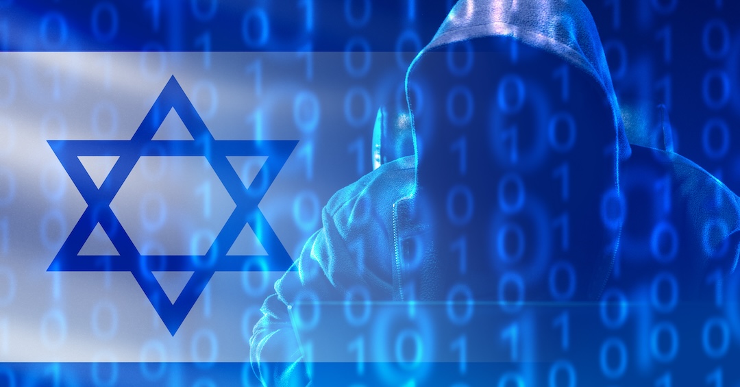 Hacker from Israel. Man in hood with laptop. Israel flag with binary code. Cybersecurity. Hacker works for Israeli government. Employee of Israeli cyber army. Hacker sits at computer. 3d image Hacker from Israel. Man in hood with laptop. Israel flag with binary code. Cybersecurity. Hacker works for Israeli government. Employee of Israeli cyber army. Hacker sits at computer. 3d image