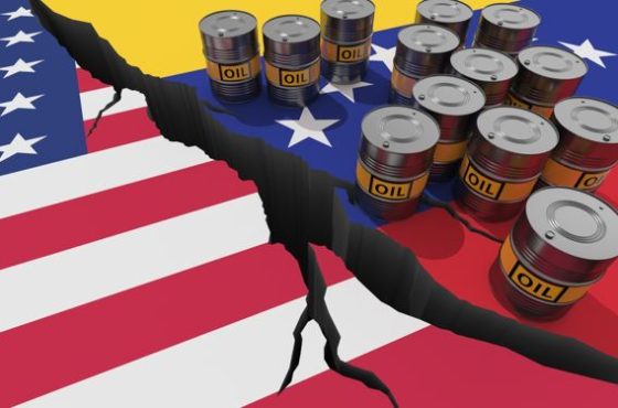 Oil,Barrels,On,Background,Of,The,Flags,Of,Venezuela,And