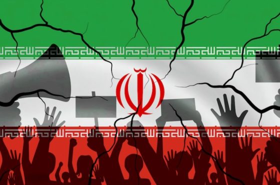 Iranian crowd protest concept with flag cracks representing mass unrest and conflict