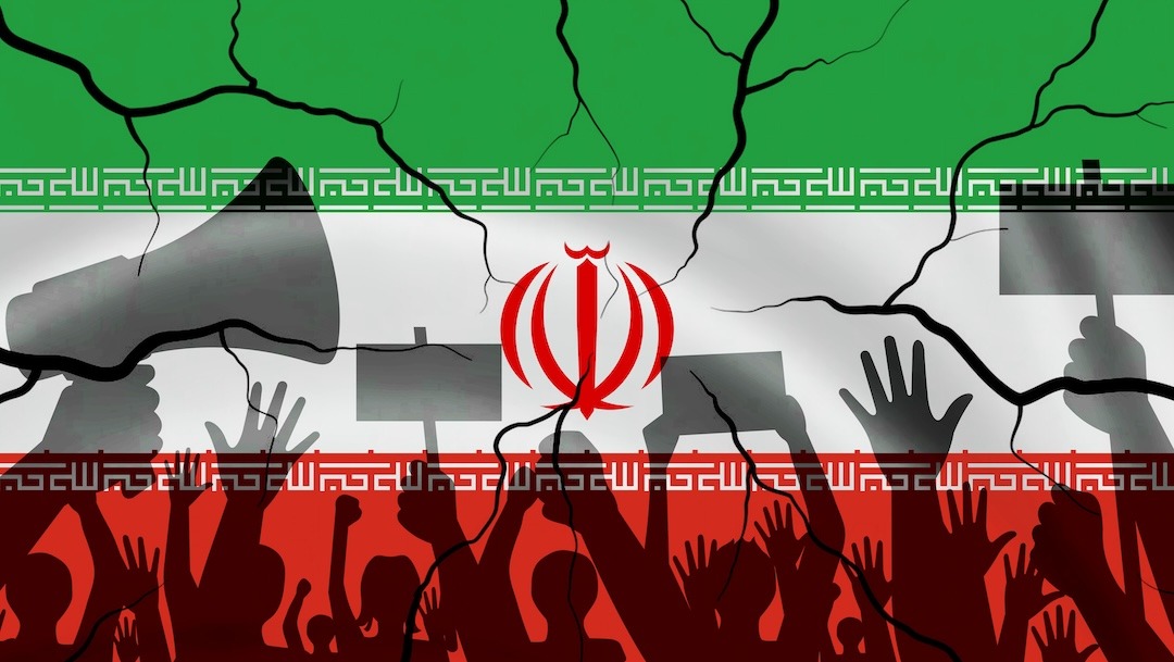 Iranian crowd protest concept with flag cracks representing mass unrest and conflict