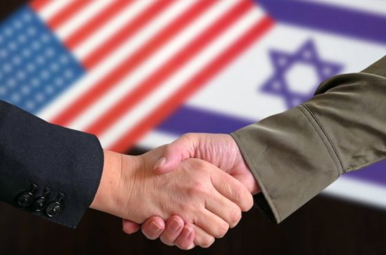 handshake against the background of the USA and Israel, friendship and partnership of two countries concept