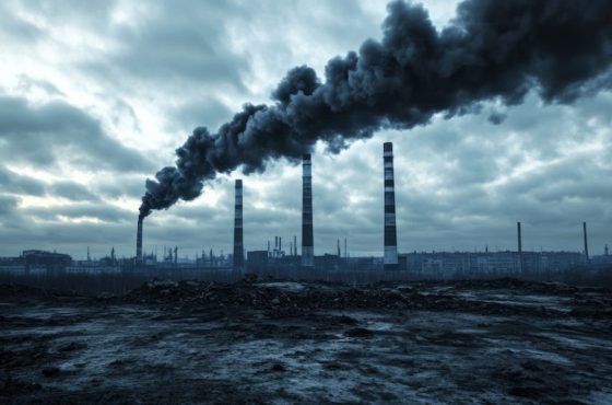 Smokestacks releasing dark toxic fumes into the sky, industrial zone in the distance, gray sky filled with pollution, desolate landscape below