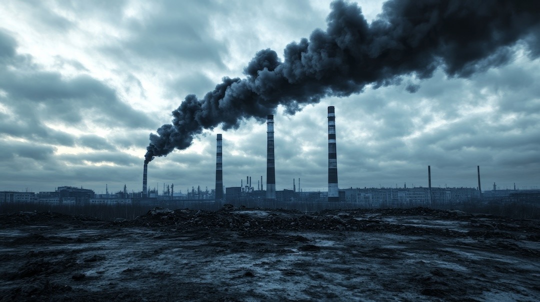 Smokestacks releasing dark toxic fumes into the sky, industrial zone in the distance, gray sky filled with pollution, desolate landscape below Smokestacks releasing dark toxic fumes into the sky, industrial zone in the distance, gray sky filled with pollution, desolate landscape below
