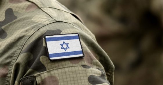 Flag of Israel on military uniform. (collage).