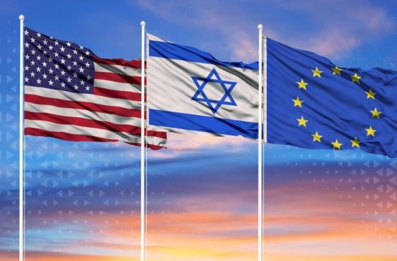 Three realistic flags of European Union, United States and Israel on flagpoles and blue sky