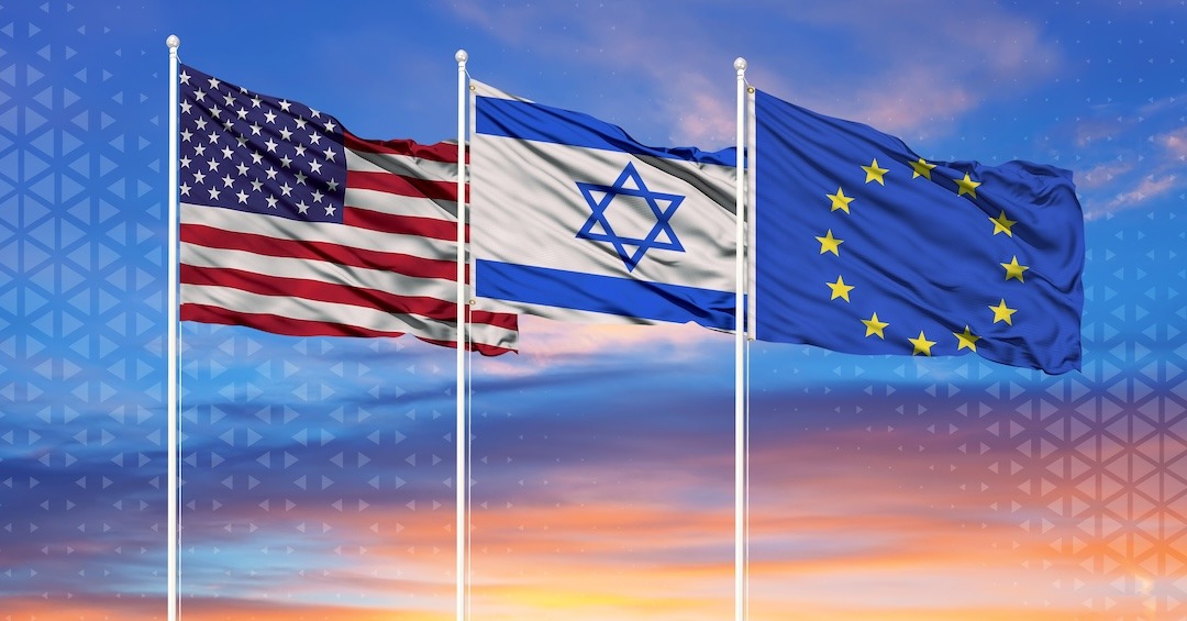 Three realistic flags of European Union, United States and Israel on flagpoles and blue sky Three realistic flags of European Union, United States and Israel on flagpoles and blue sky