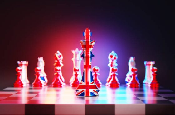 Flag of United Kingdom chess king on a chessboard