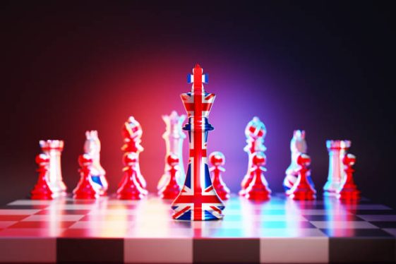 Flag of United Kingdom chess king on a chessboard