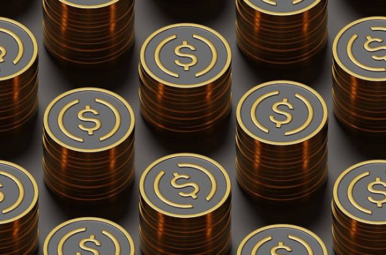 Golden USDC coins isometric seamless patttern. 3d illustration.